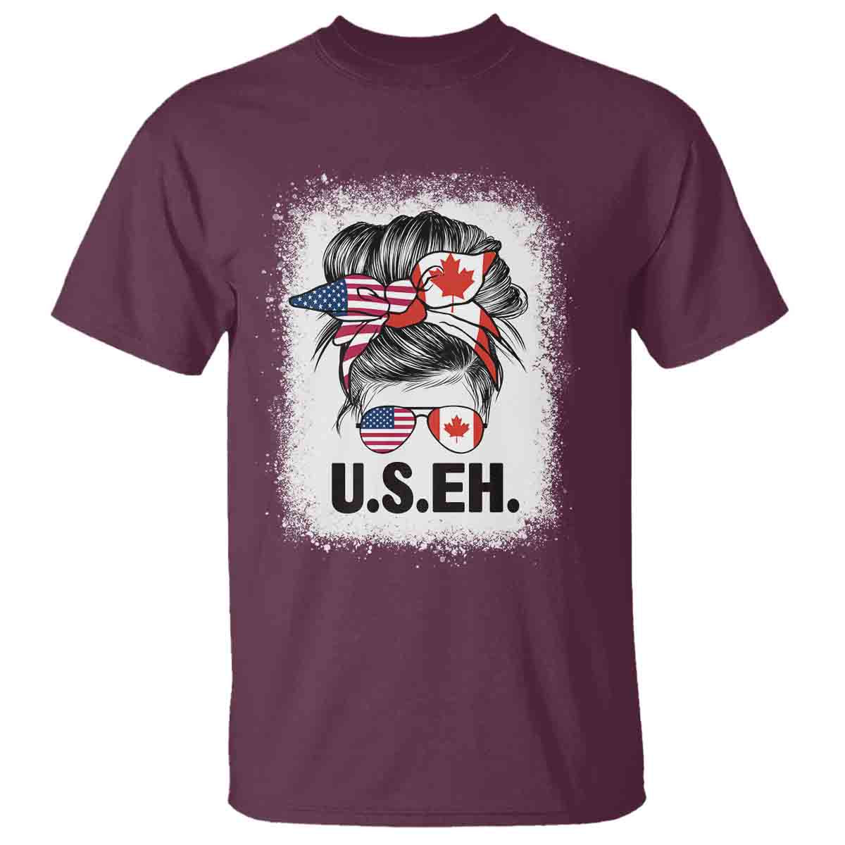 Funny American Canadan Bleached T Shirt US EH America Canada Flag Messy Bun - Wonder Print Shop