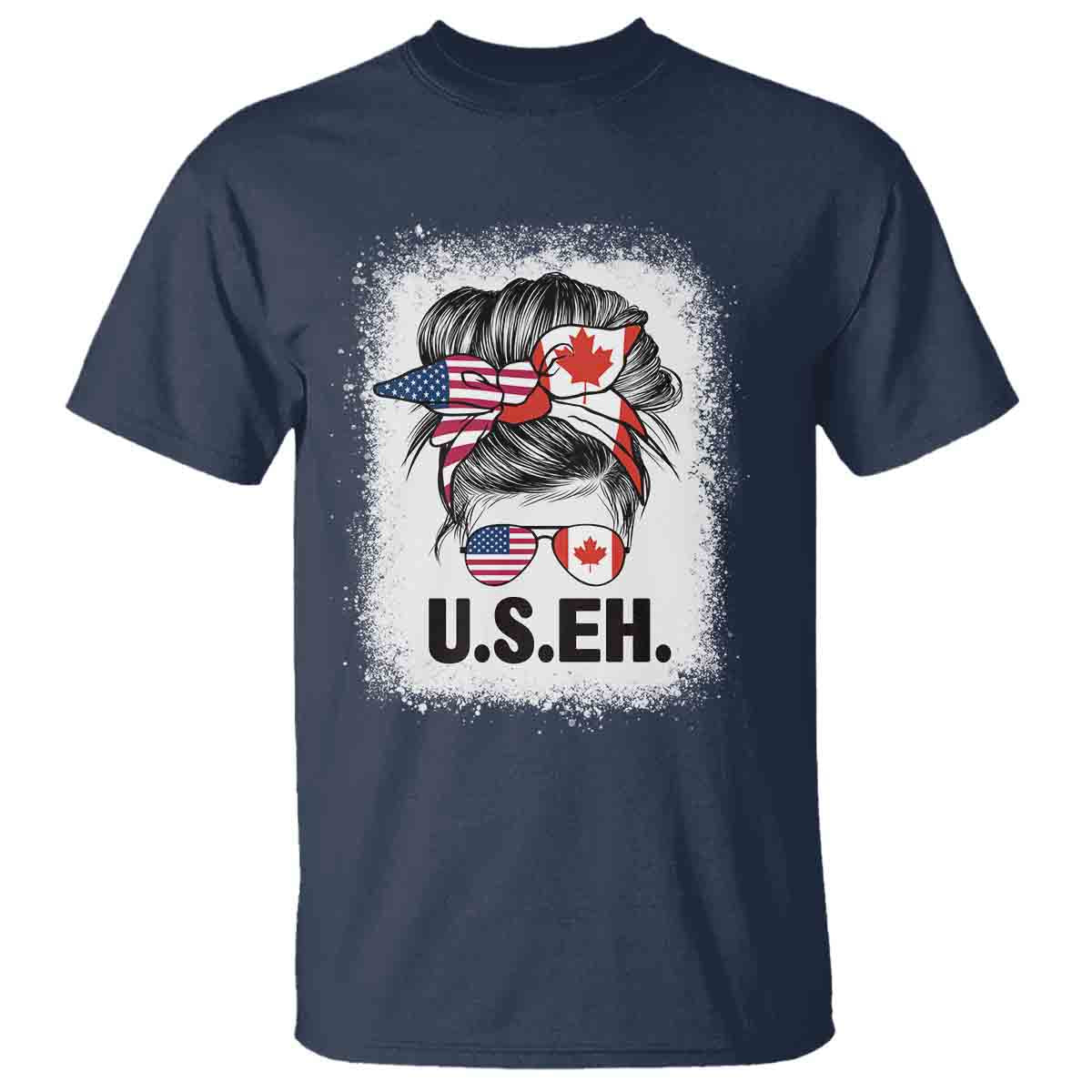 Funny American Canadan Bleached T Shirt US EH America Canada Flag Messy Bun - Wonder Print Shop