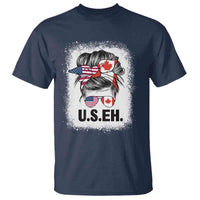 Funny American Canadan Bleached T Shirt US EH America Canada Flag Messy Bun - Wonder Print Shop