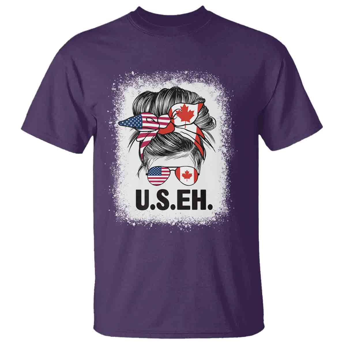 Funny American Canadan Bleached T Shirt US EH America Canada Flag Messy Bun - Wonder Print Shop