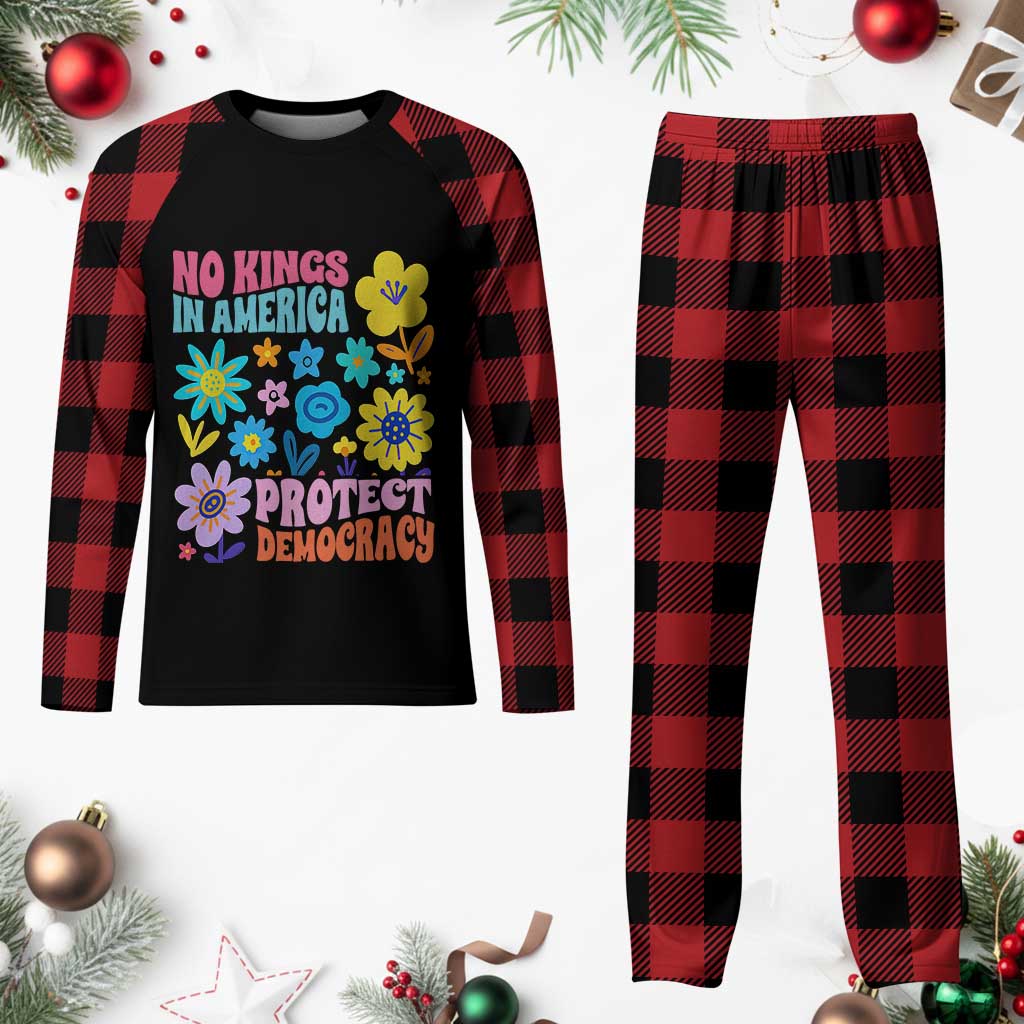 No Kings in America Protect Democracy Plaid Pajama Set Colorful Flowers Patriotic Feminists - Wonder Print Shop