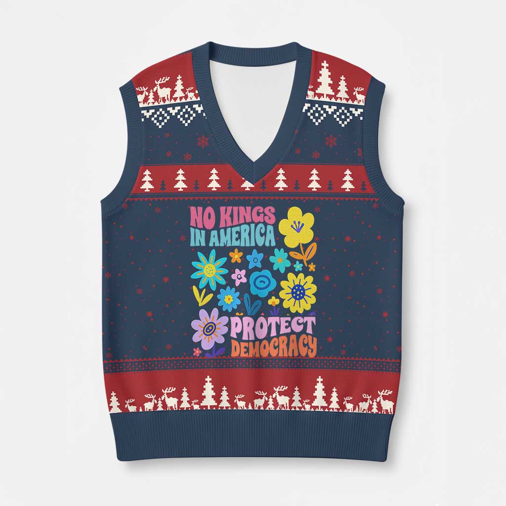No Kings in America Protect Democracy V-Neck Knit Sweater Vest Colorful Flowers Patriotic Feminists - Wonder Print Shop