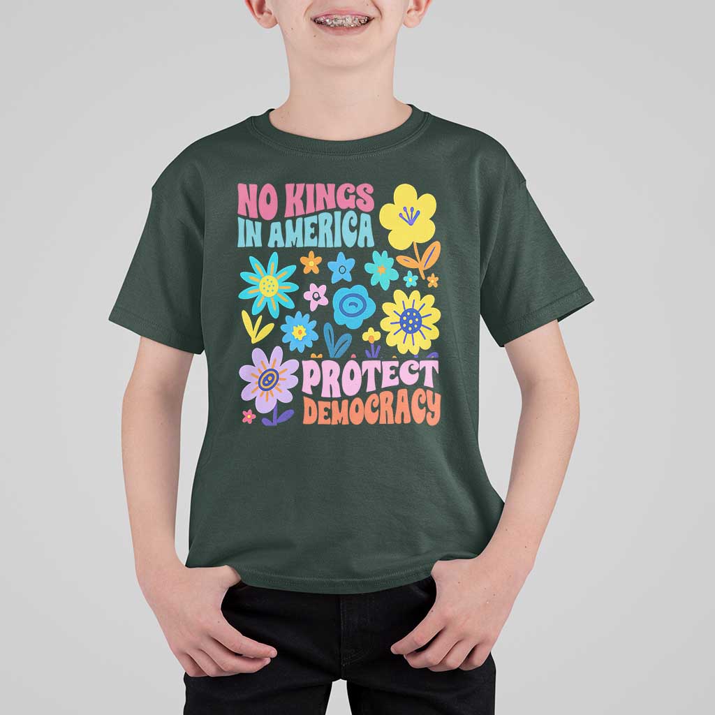 No Kings in America Protect Democracy T Shirt For Kid Colorful Flowers Patriotic Feminists - Wonder Print Shop