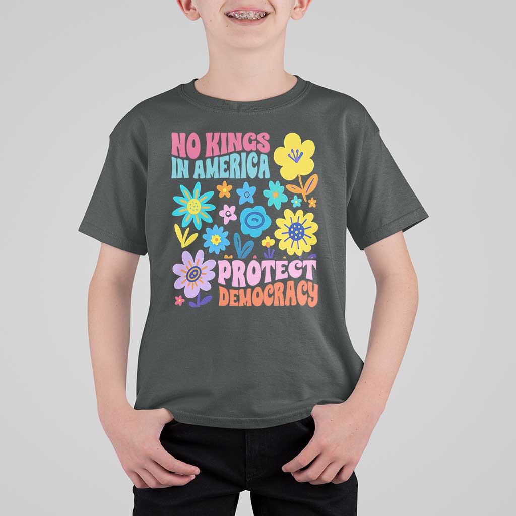 No Kings in America Protect Democracy T Shirt For Kid Colorful Flowers Patriotic Feminists - Wonder Print Shop
