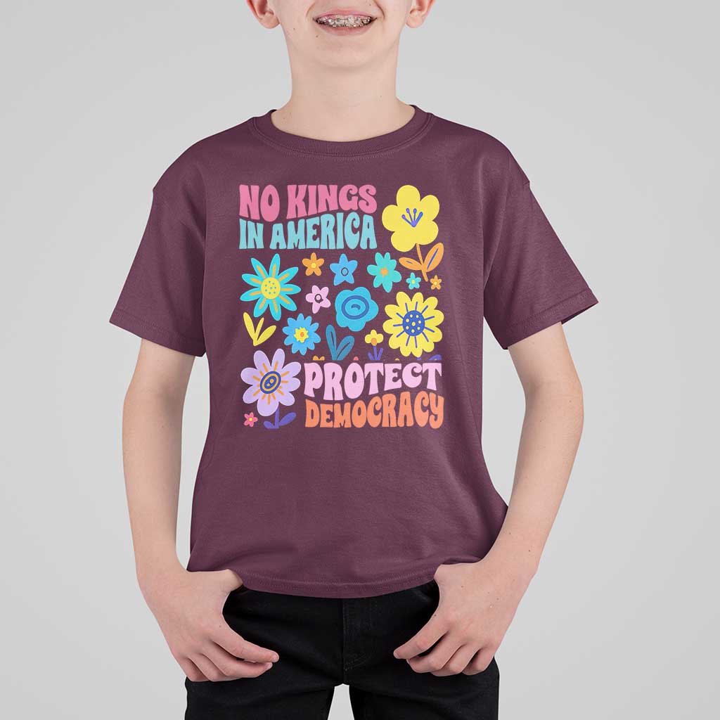 No Kings in America Protect Democracy T Shirt For Kid Colorful Flowers Patriotic Feminists - Wonder Print Shop