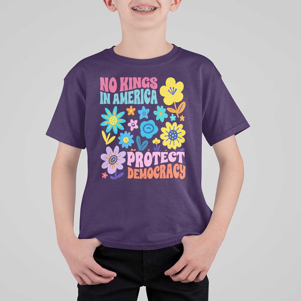 No Kings in America Protect Democracy T Shirt For Kid Colorful Flowers Patriotic Feminists - Wonder Print Shop
