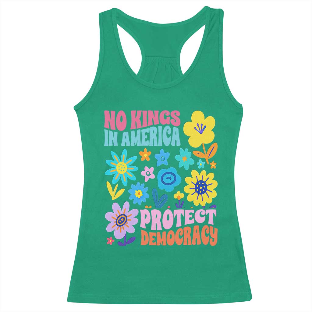 No Kings in America Protect Democracy Racerback Tank Top Colorful Flowers Patriotic Feminists - Wonder Print Shop