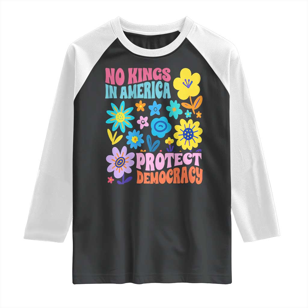 No Kings in America Protect Democracy Raglan Shirt Colorful Flowers Patriotic Feminists - Wonder Print Shop
