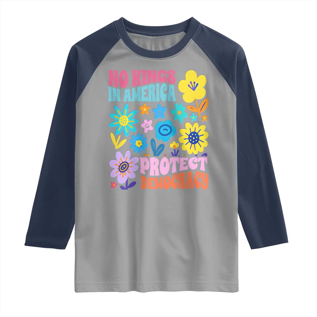 No Kings in America Protect Democracy Raglan Shirt Colorful Flowers Patriotic Feminists - Wonder Print Shop