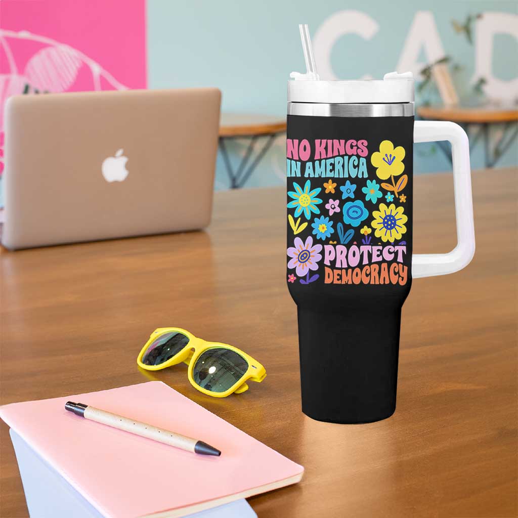 No Kings in America Protect Democracy Tumbler With Handle Colorful Flowers Patriotic Feminists - Wonder Print Shop