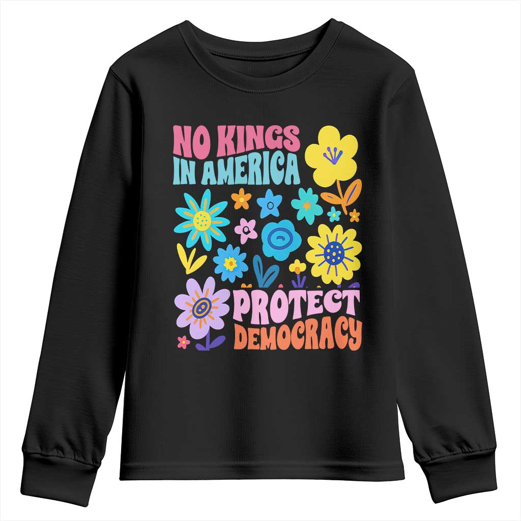 No Kings in America Protect Democracy Youth Sweatshirt Colorful Flowers Patriotic Feminists - Wonder Print Shop