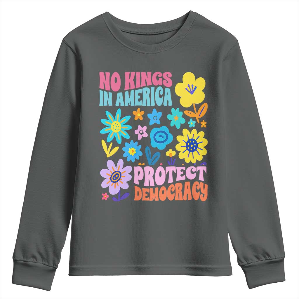 No Kings in America Protect Democracy Youth Sweatshirt Colorful Flowers Patriotic Feminists - Wonder Print Shop