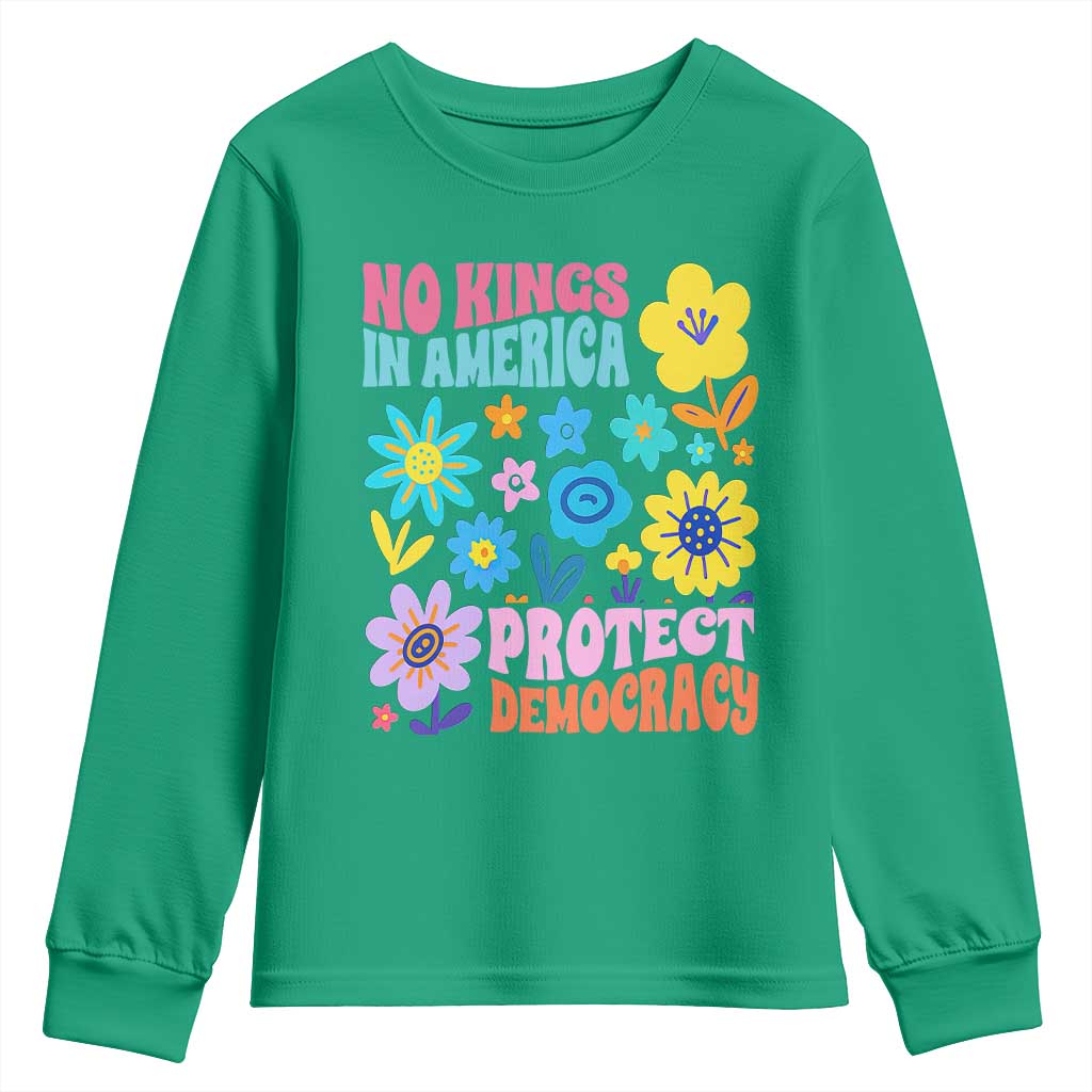 No Kings in America Protect Democracy Youth Sweatshirt Colorful Flowers Patriotic Feminists - Wonder Print Shop