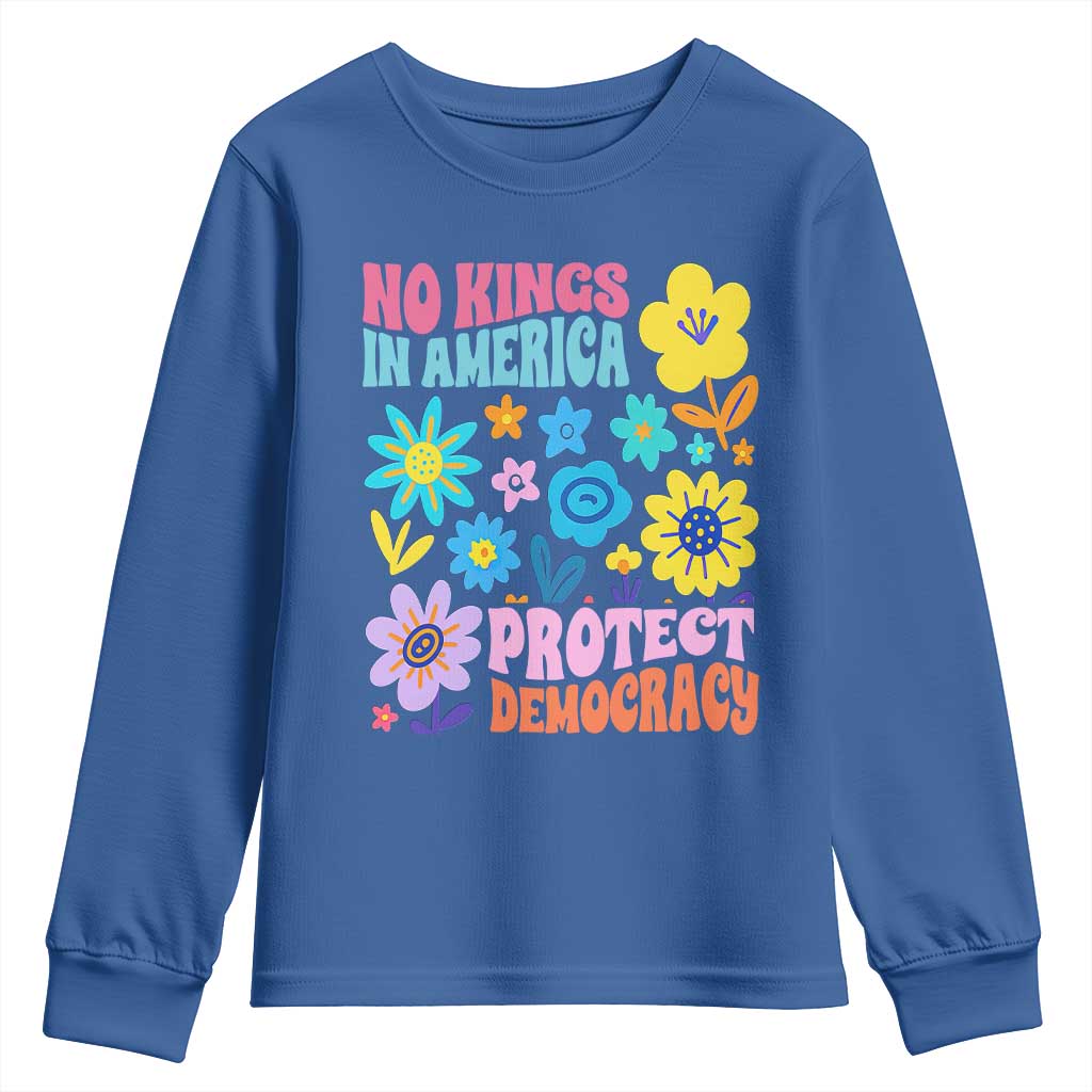 No Kings in America Protect Democracy Youth Sweatshirt Colorful Flowers Patriotic Feminists - Wonder Print Shop