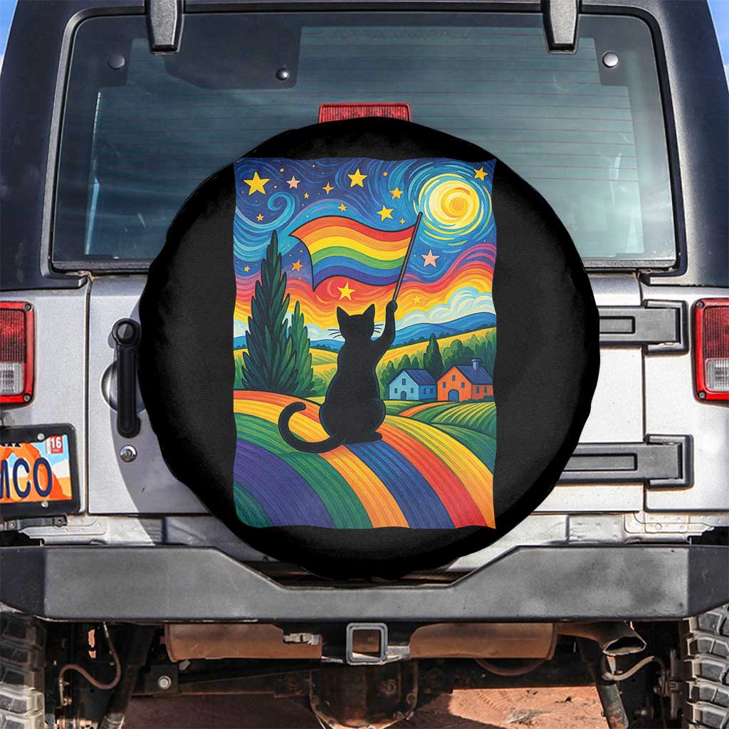Whimsical Black Cat Pride Flag Spare Tire Cover Colorful LGBTQ Rainbow - Wonder Print Shop