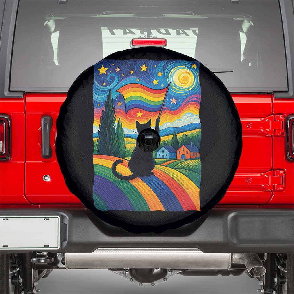 Whimsical Black Cat Pride Flag Spare Tire Cover Colorful LGBTQ Rainbow - Wonder Print Shop
