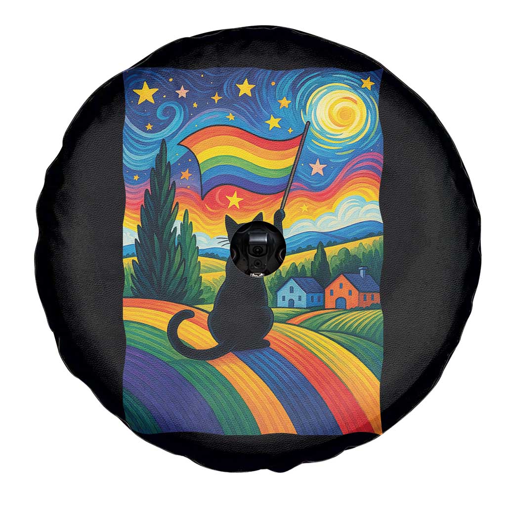 Whimsical Black Cat Pride Flag Spare Tire Cover Colorful LGBTQ Rainbow - Wonder Print Shop