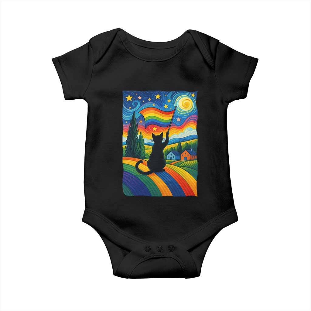 Whimsical Black Cat Pride Flag Baby Onesie Colorful LGBTQ Rainbow - Wonder Print Shop