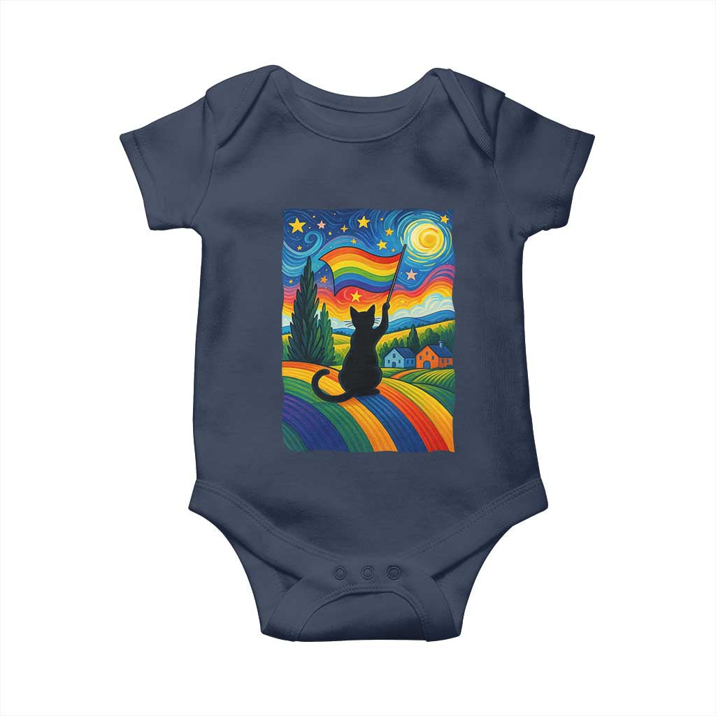 Whimsical Black Cat Pride Flag Baby Onesie Colorful LGBTQ Rainbow - Wonder Print Shop