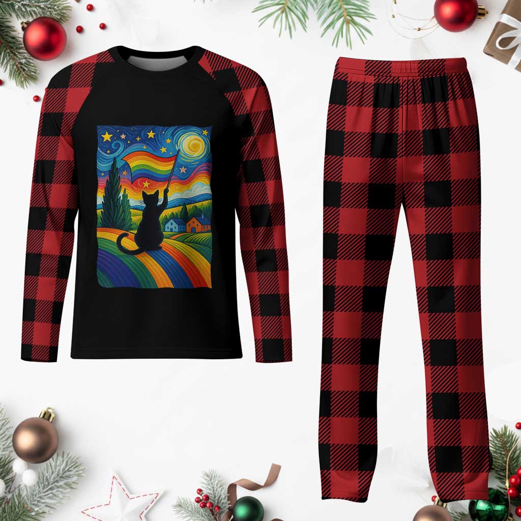 Whimsical Black Cat Pride Flag Plaid Pajama Set Colorful LGBTQ Rainbow - Wonder Print Shop