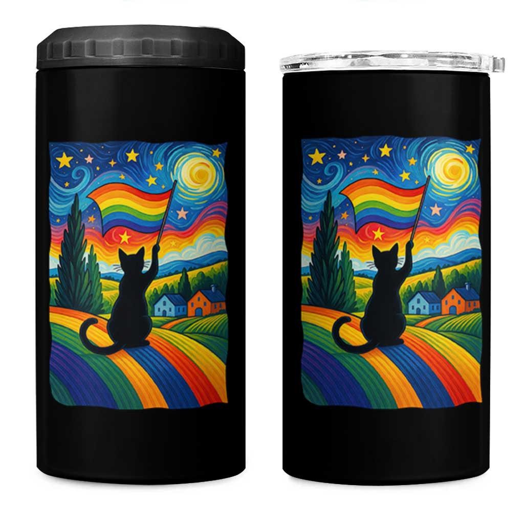 Whimsical Black Cat Pride Flag 4 in 1 Can Cooler Tumbler Colorful LGBTQ Rainbow - Wonder Print Shop