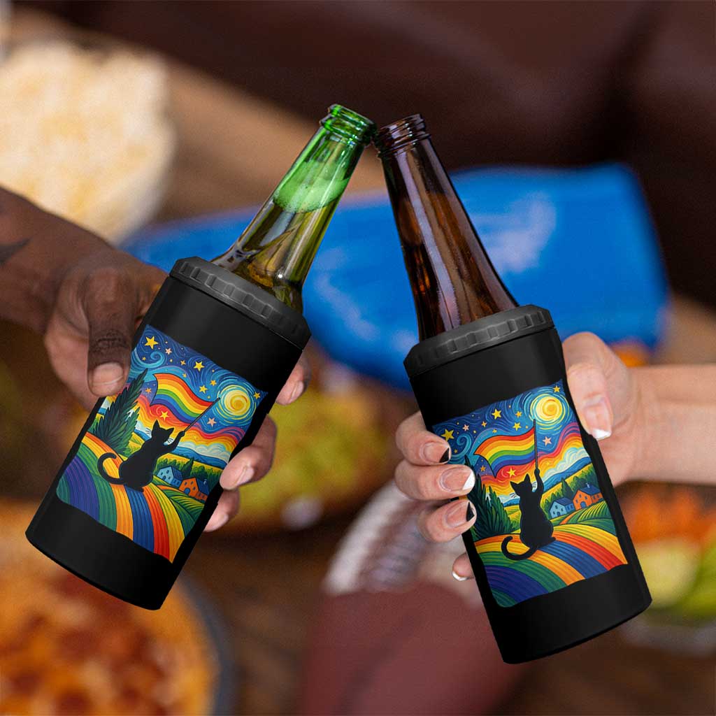 Whimsical Black Cat Pride Flag 4 in 1 Can Cooler Tumbler Colorful LGBTQ Rainbow - Wonder Print Shop