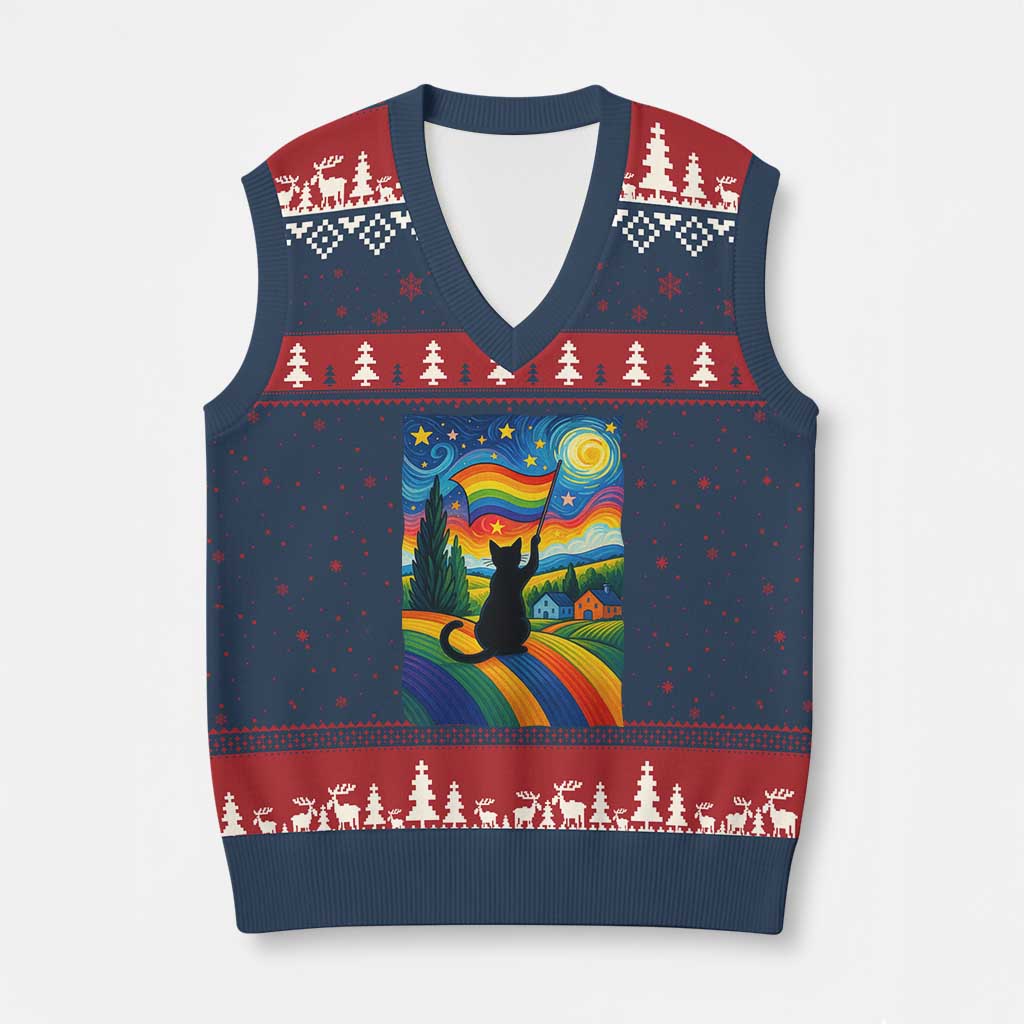 Whimsical Black Cat Pride Flag V-Neck Knit Sweater Vest Colorful LGBTQ Rainbow - Wonder Print Shop