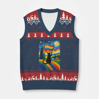 Whimsical Black Cat Pride Flag V-Neck Knit Sweater Vest Colorful LGBTQ Rainbow - Wonder Print Shop