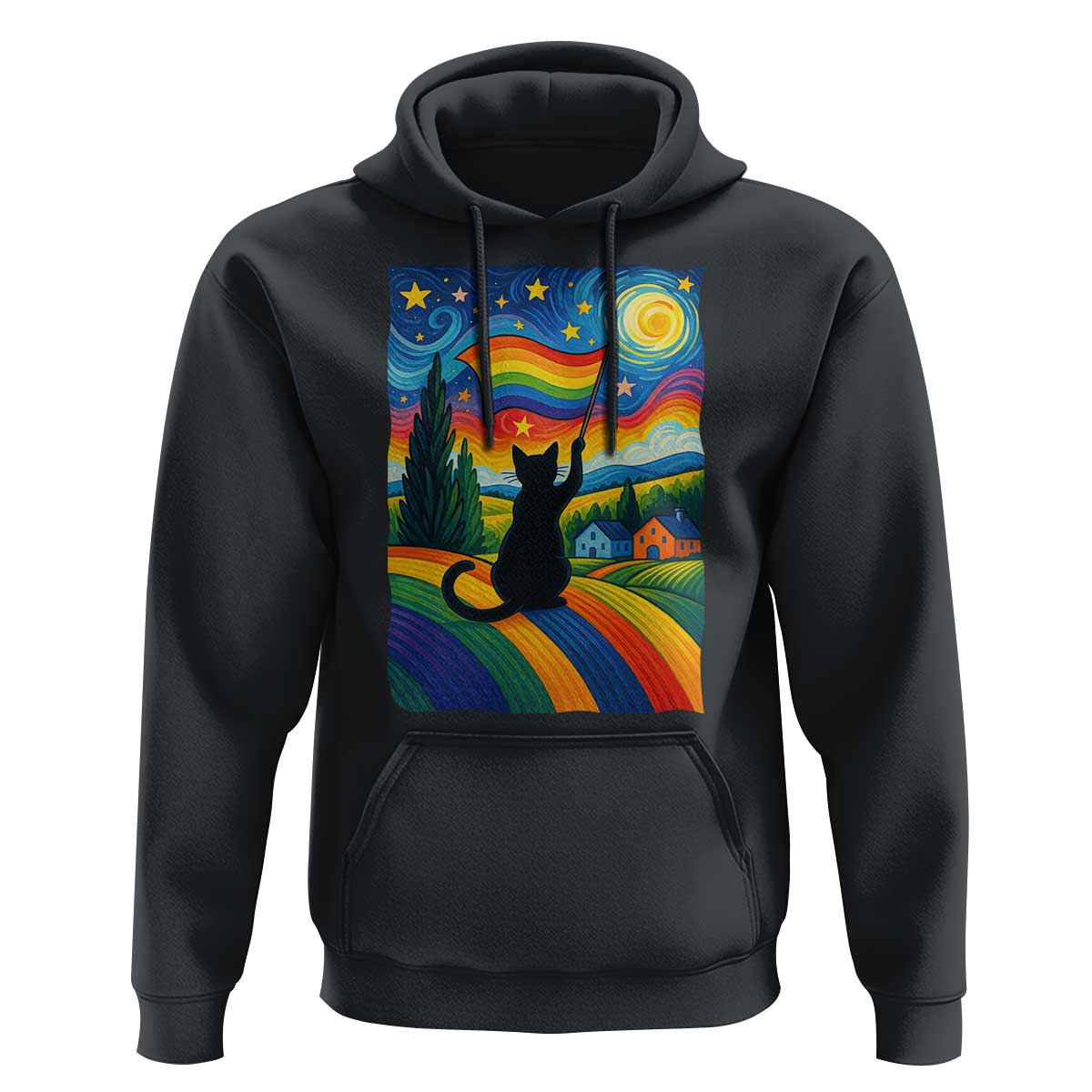 Whimsical Black Cat Pride Flag Hoodie Colorful LGBTQ Rainbow - Wonder Print Shop