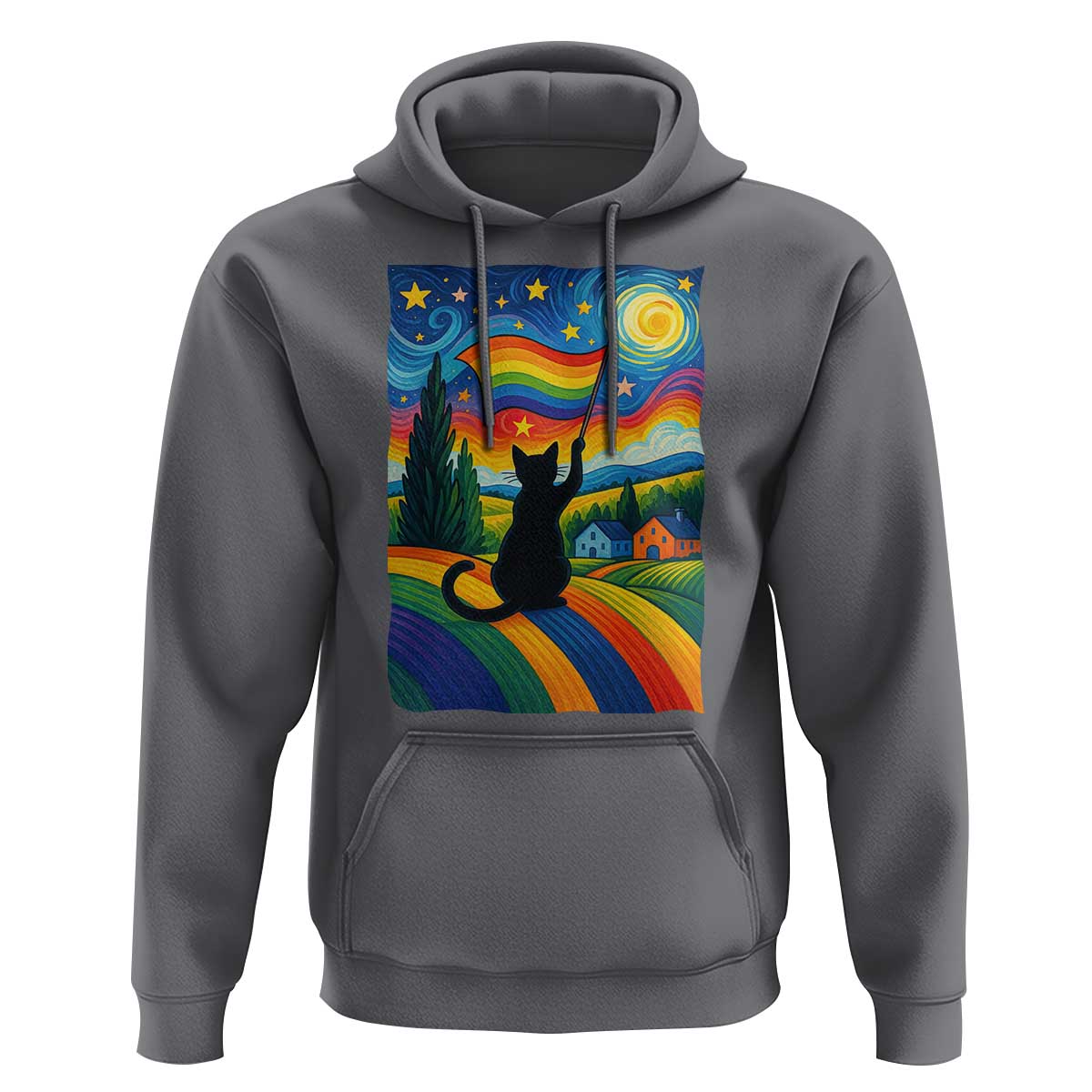 Whimsical Black Cat Pride Flag Hoodie Colorful LGBTQ Rainbow - Wonder Print Shop