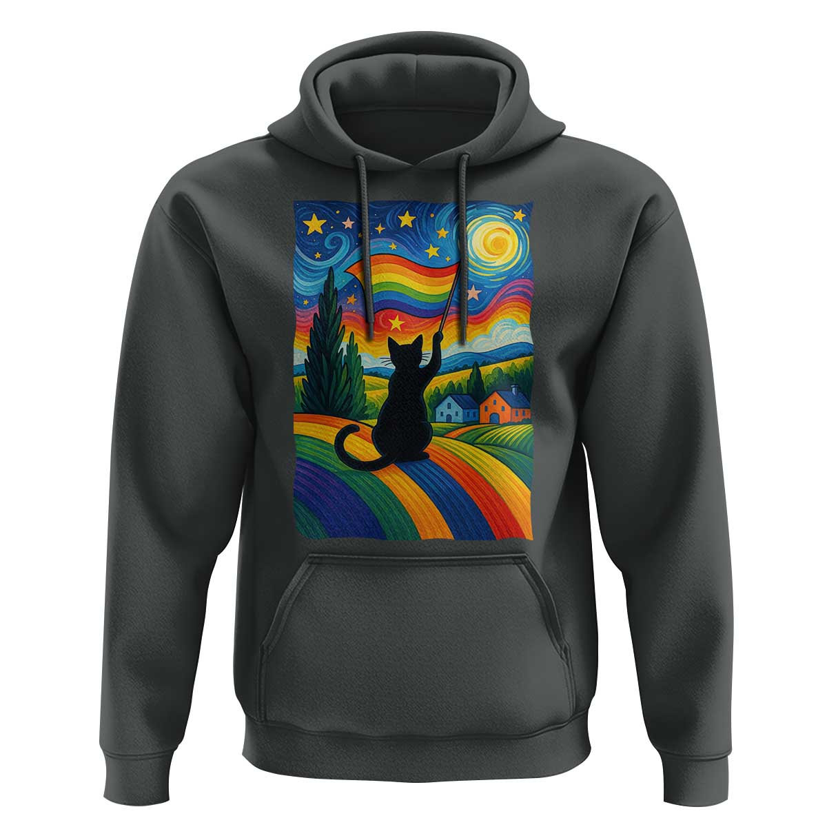 Whimsical Black Cat Pride Flag Hoodie Colorful LGBTQ Rainbow - Wonder Print Shop