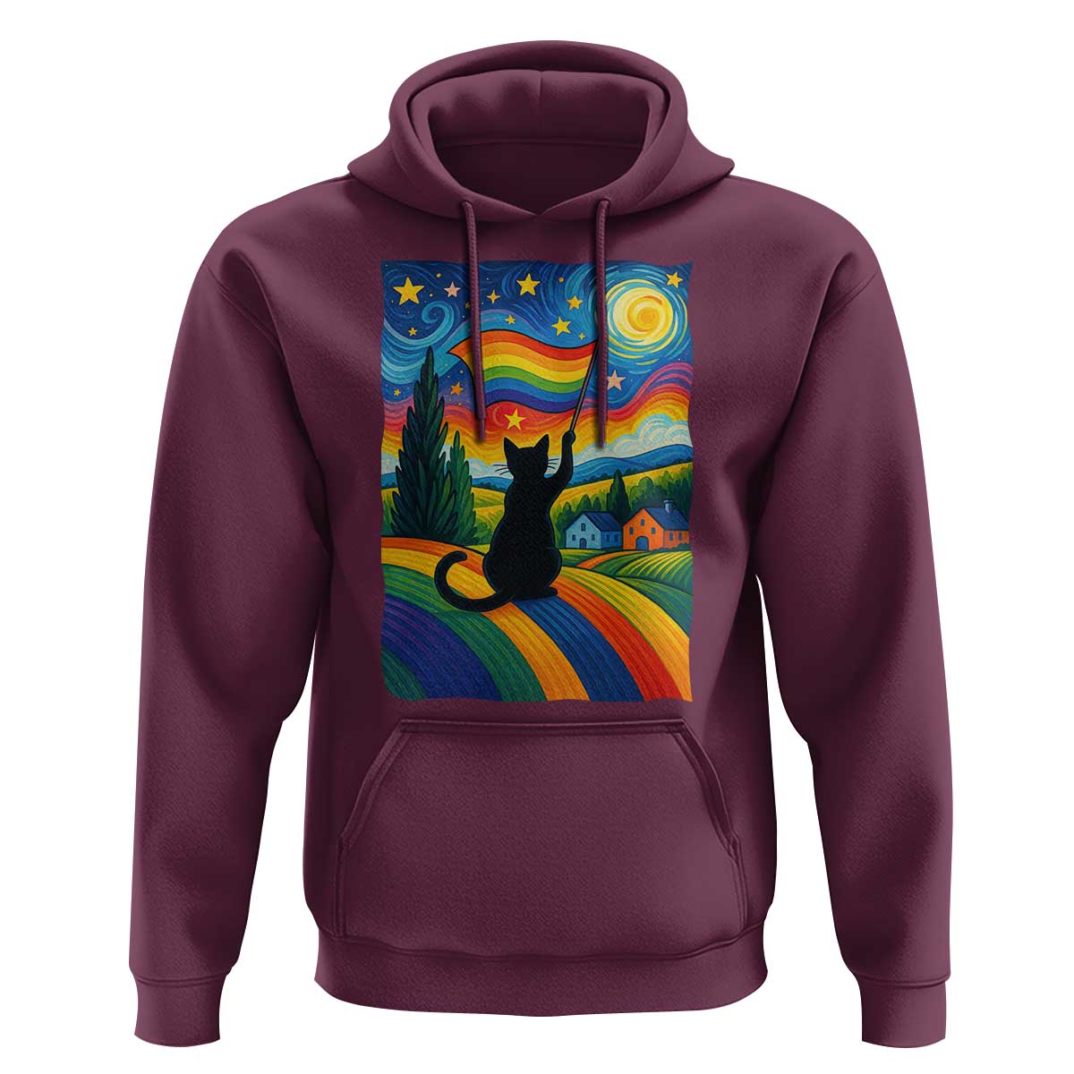 Whimsical Black Cat Pride Flag Hoodie Colorful LGBTQ Rainbow - Wonder Print Shop