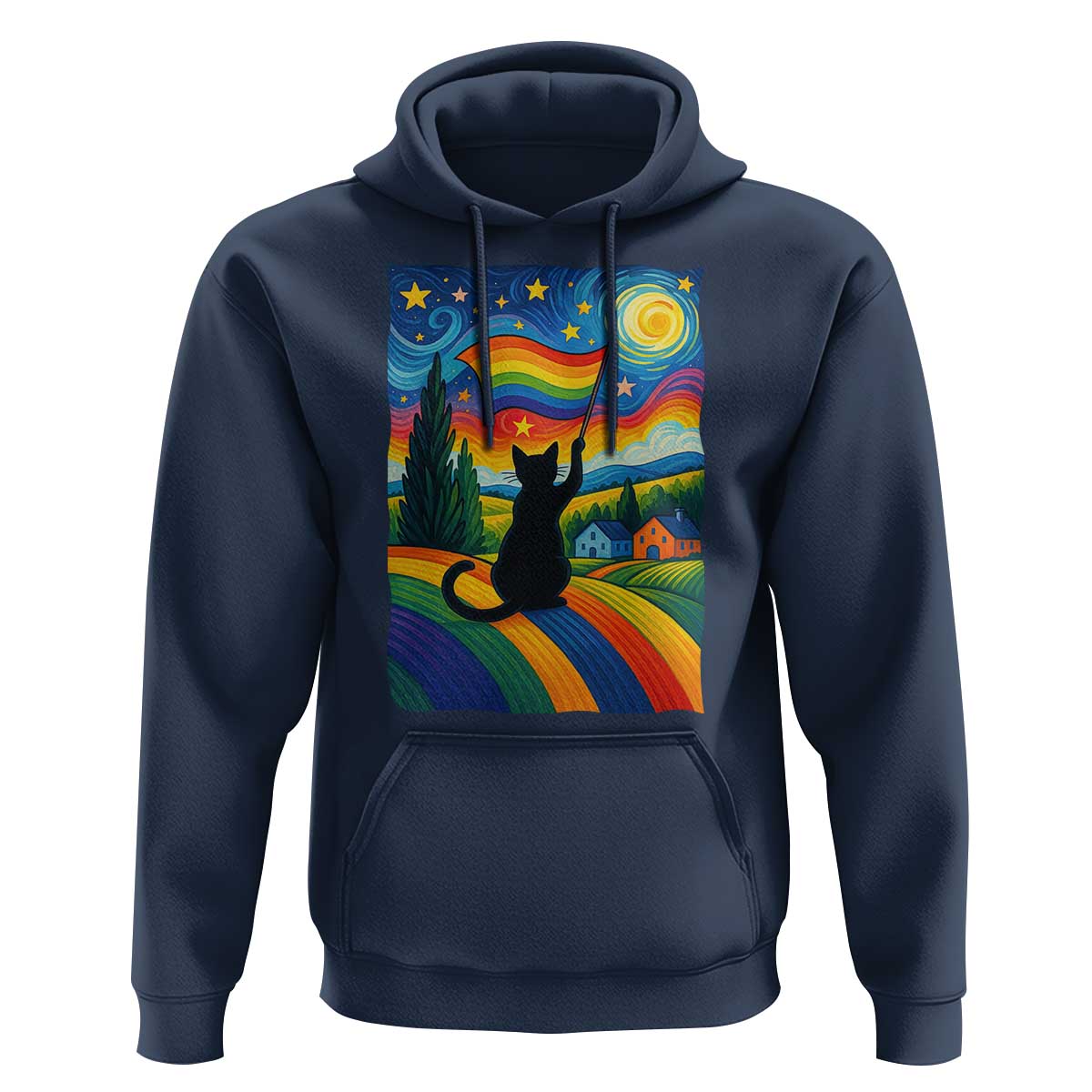 Whimsical Black Cat Pride Flag Hoodie Colorful LGBTQ Rainbow - Wonder Print Shop