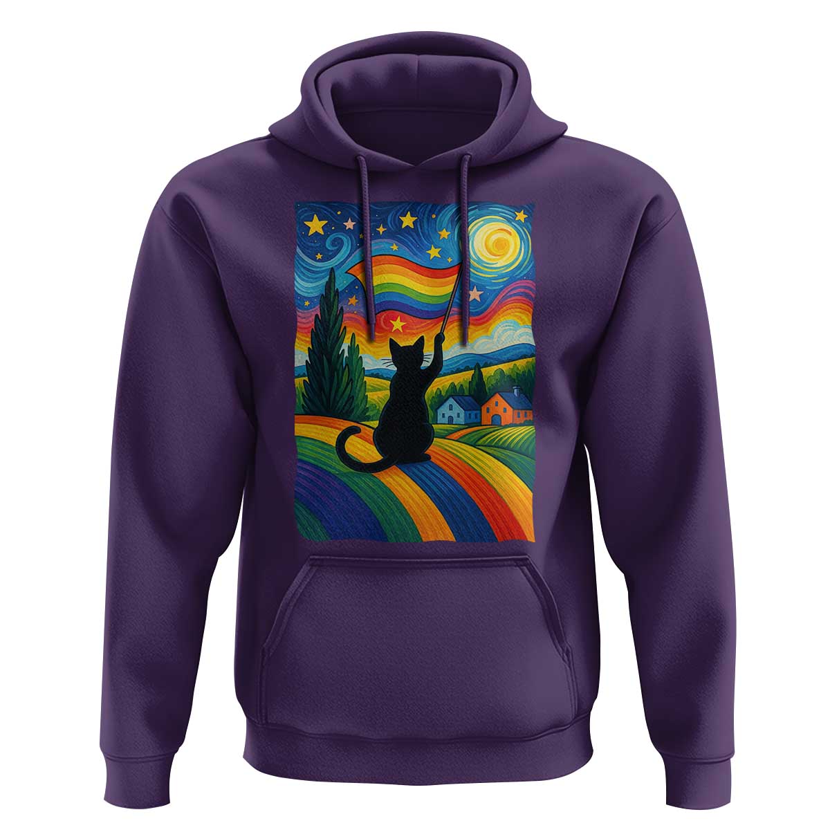 Whimsical Black Cat Pride Flag Hoodie Colorful LGBTQ Rainbow - Wonder Print Shop