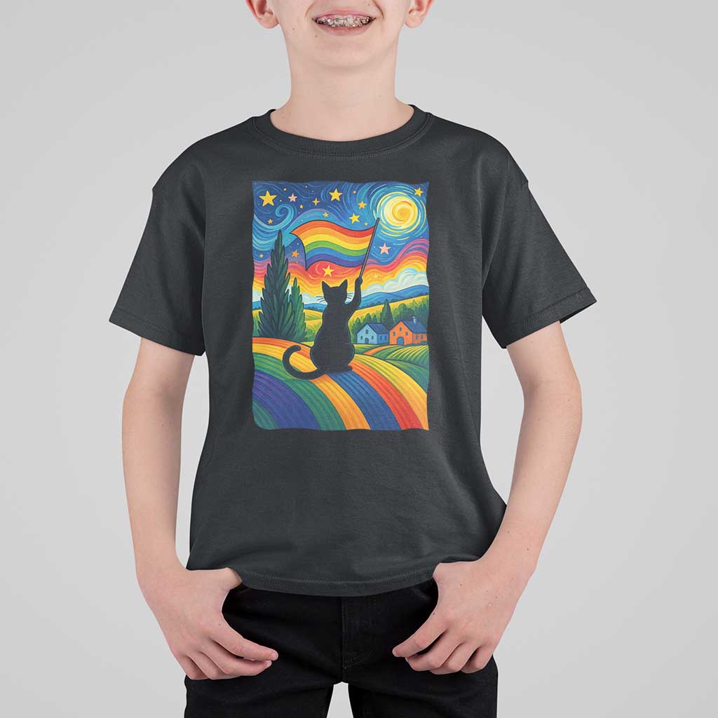 Whimsical Black Cat Pride Flag T Shirt For Kid Colorful LGBTQ Rainbow - Wonder Print Shop