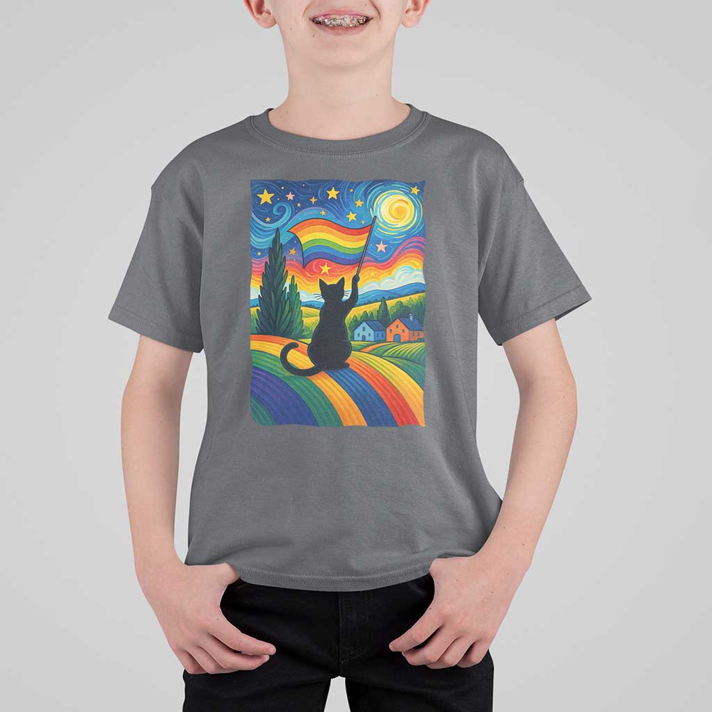 Whimsical Black Cat Pride Flag T Shirt For Kid Colorful LGBTQ Rainbow - Wonder Print Shop