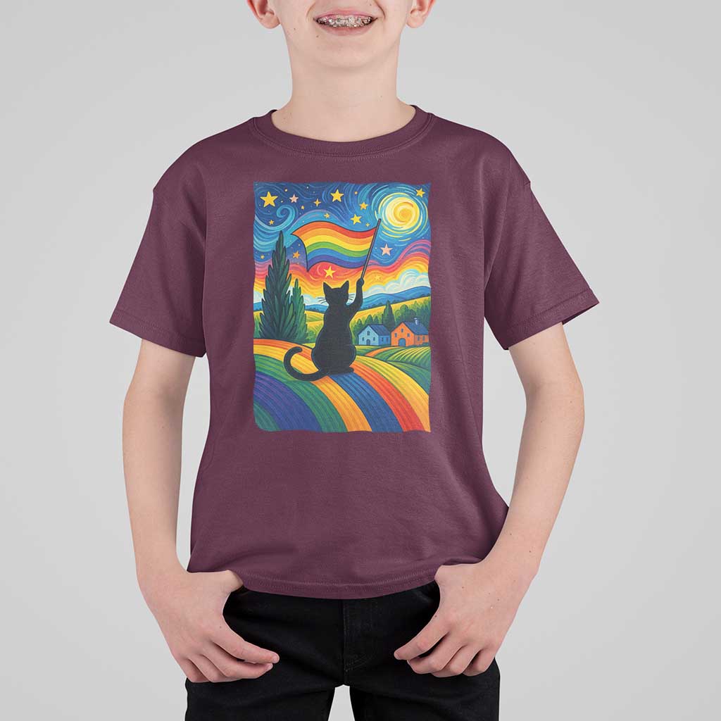 Whimsical Black Cat Pride Flag T Shirt For Kid Colorful LGBTQ Rainbow - Wonder Print Shop