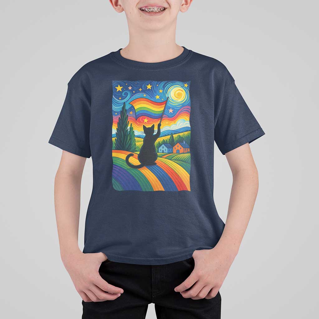 Whimsical Black Cat Pride Flag T Shirt For Kid Colorful LGBTQ Rainbow - Wonder Print Shop