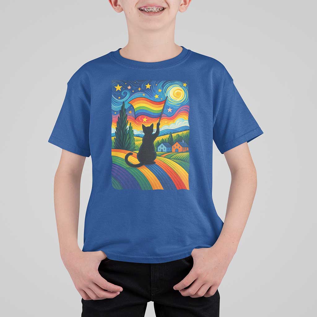 Whimsical Black Cat Pride Flag T Shirt For Kid Colorful LGBTQ Rainbow - Wonder Print Shop