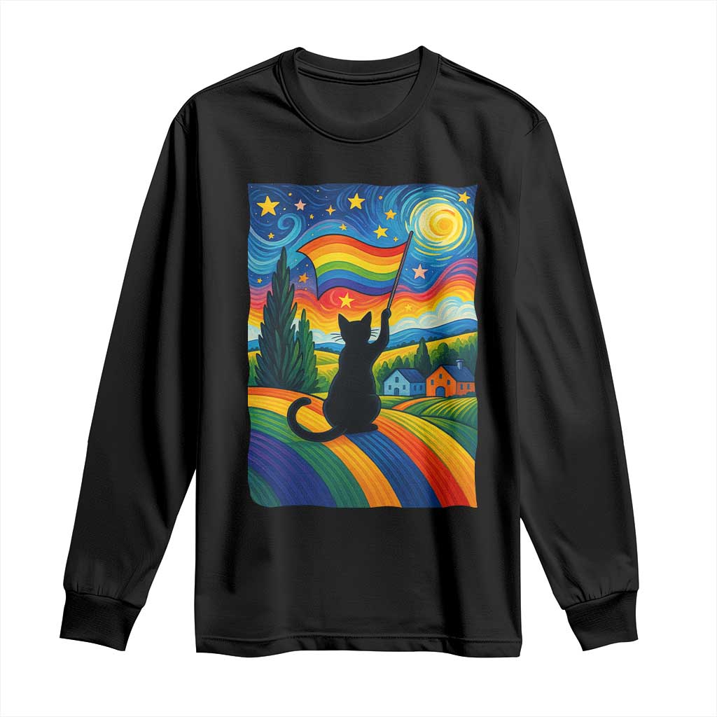 Whimsical Black Cat Pride Flag Long Sleeve Shirt Colorful LGBTQ Rainbow - Wonder Print Shop
