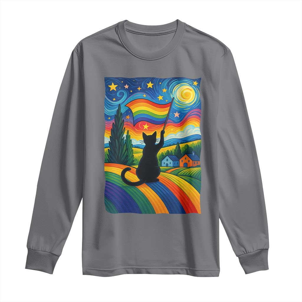Whimsical Black Cat Pride Flag Long Sleeve Shirt Colorful LGBTQ Rainbow - Wonder Print Shop