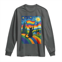 Whimsical Black Cat Pride Flag Long Sleeve Shirt Colorful LGBTQ Rainbow - Wonder Print Shop