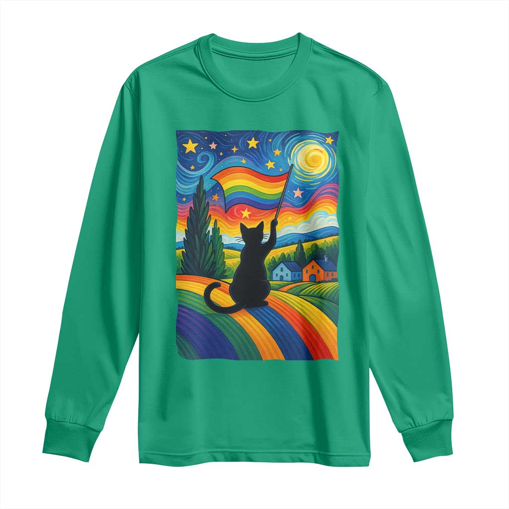 Whimsical Black Cat Pride Flag Long Sleeve Shirt Colorful LGBTQ Rainbow - Wonder Print Shop