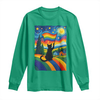 Whimsical Black Cat Pride Flag Long Sleeve Shirt Colorful LGBTQ Rainbow - Wonder Print Shop