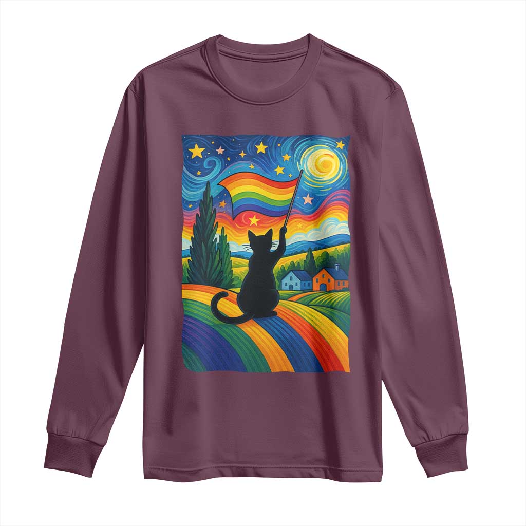 Whimsical Black Cat Pride Flag Long Sleeve Shirt Colorful LGBTQ Rainbow - Wonder Print Shop