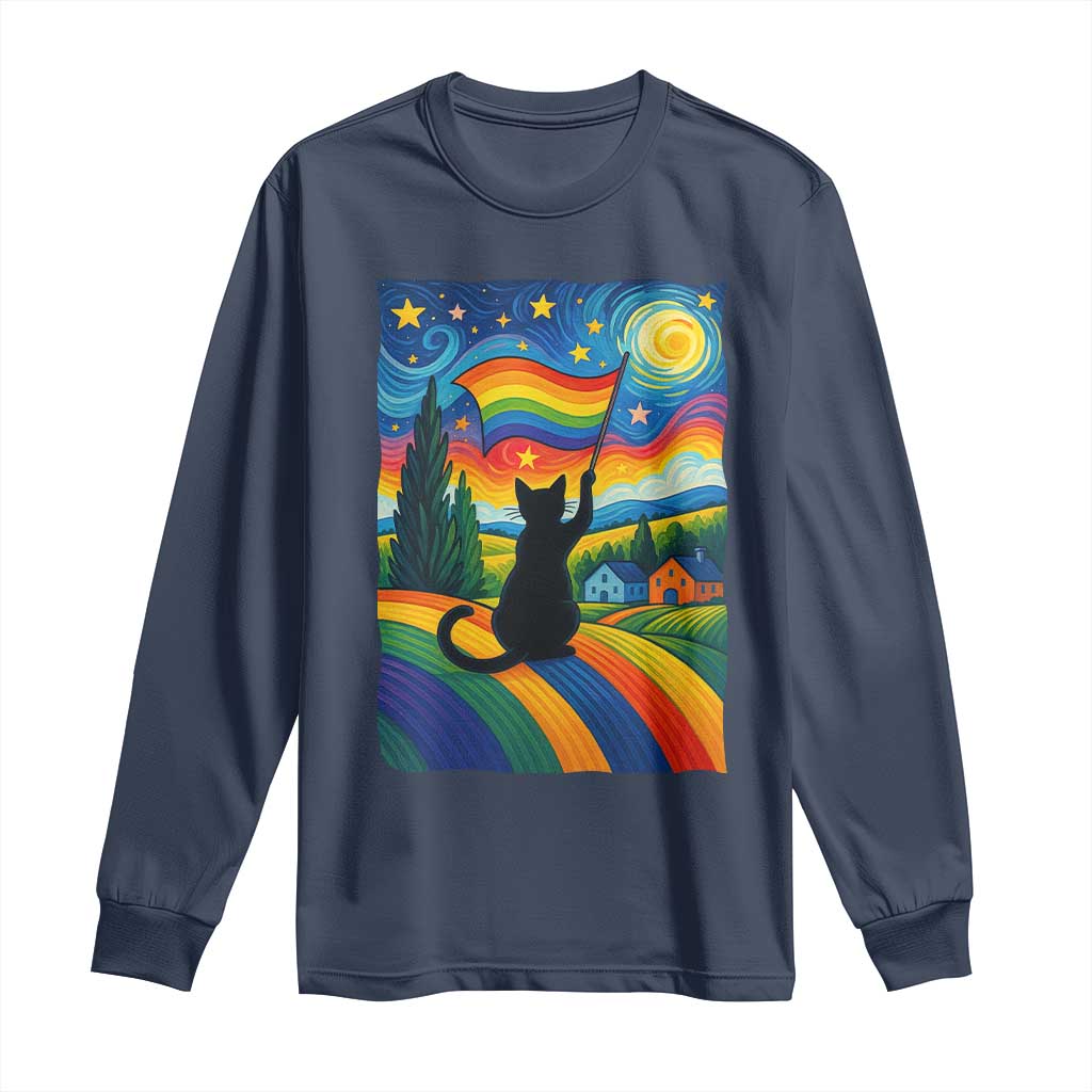 Whimsical Black Cat Pride Flag Long Sleeve Shirt Colorful LGBTQ Rainbow - Wonder Print Shop