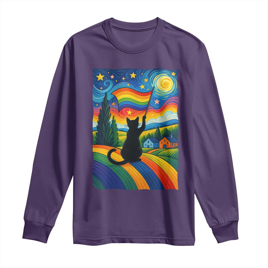 Whimsical Black Cat Pride Flag Long Sleeve Shirt Colorful LGBTQ Rainbow - Wonder Print Shop