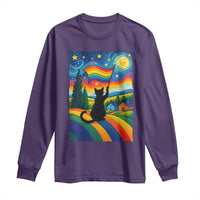Whimsical Black Cat Pride Flag Long Sleeve Shirt Colorful LGBTQ Rainbow - Wonder Print Shop