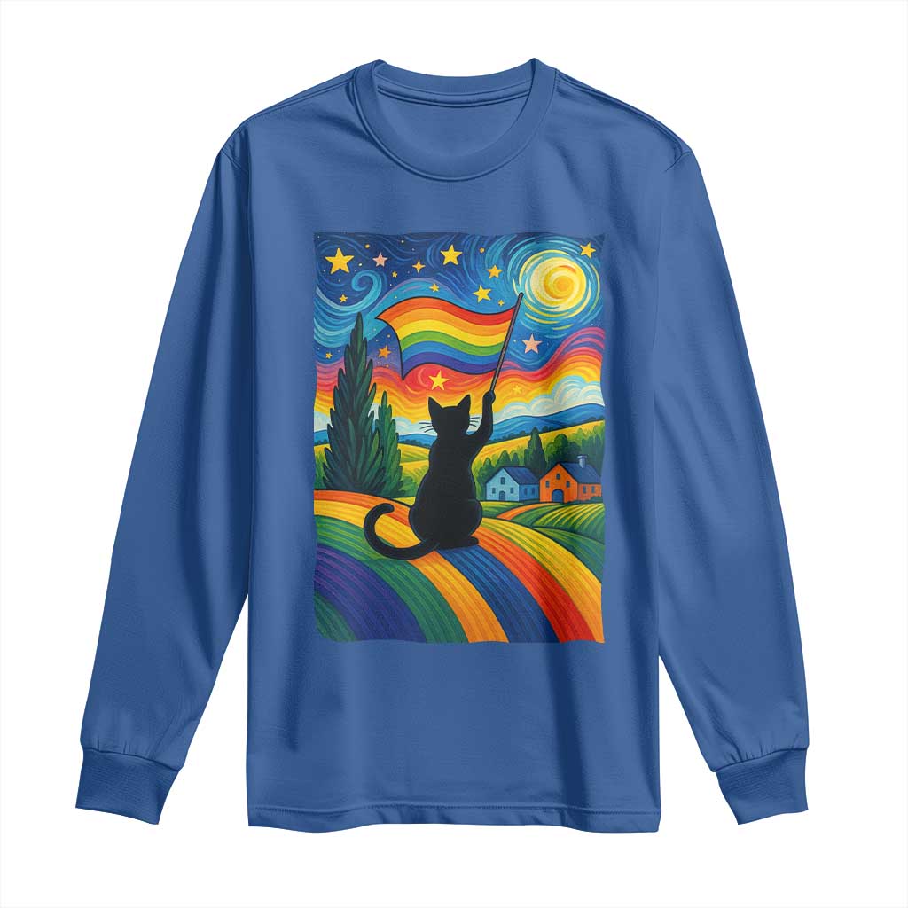 Whimsical Black Cat Pride Flag Long Sleeve Shirt Colorful LGBTQ Rainbow - Wonder Print Shop