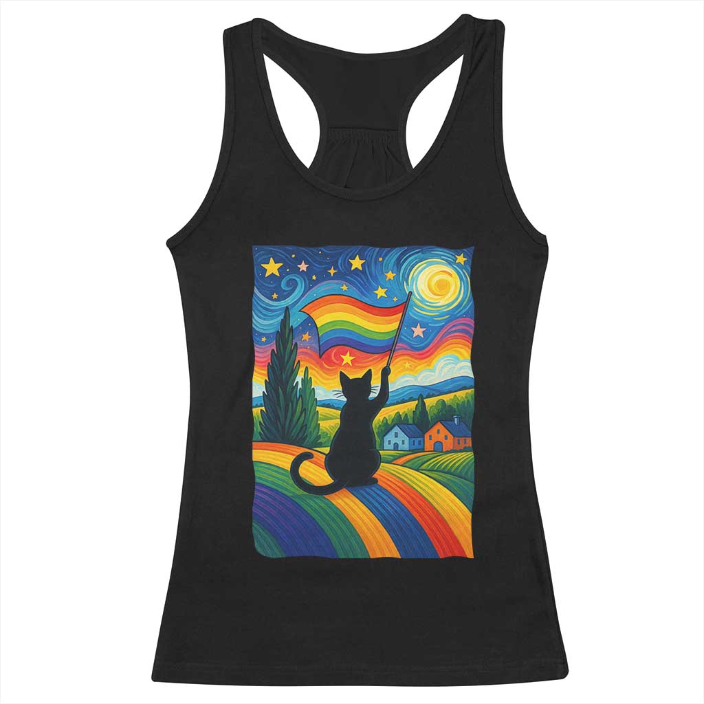 Whimsical Black Cat Pride Flag Racerback Tank Top Colorful LGBTQ Rainbow - Wonder Print Shop